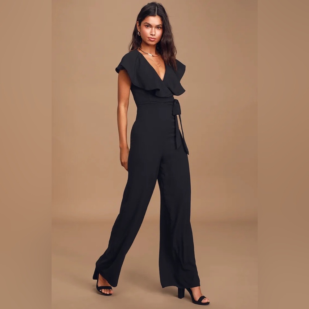 Black, ruffle short sleeve, faux wrap, wide leg jumpsuit